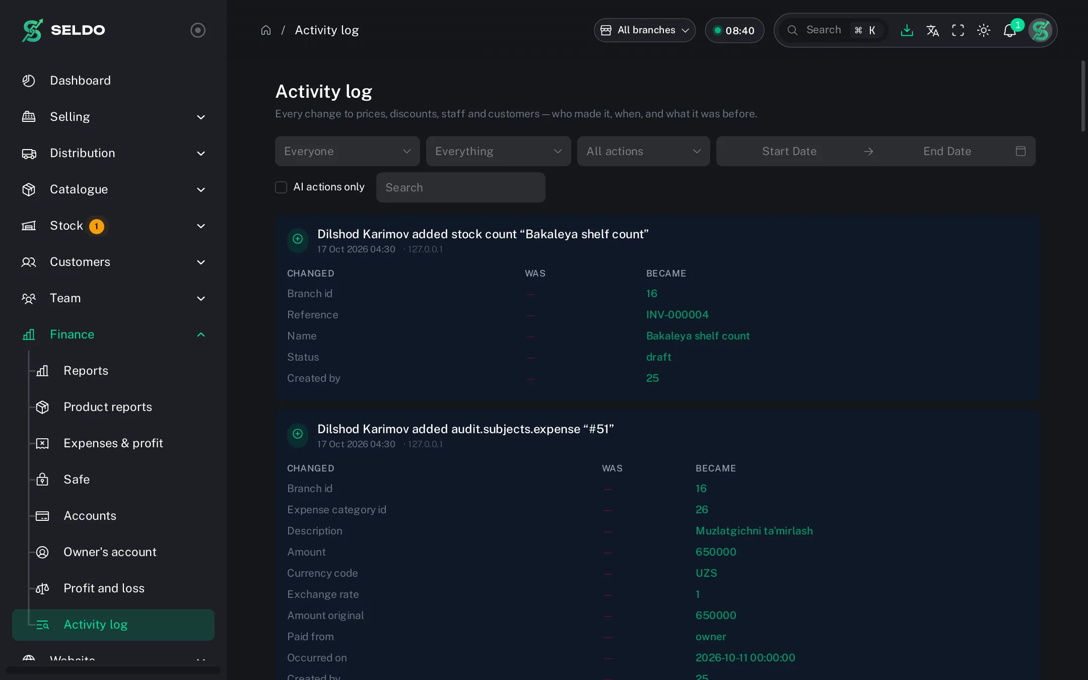 Activity log — who changed what