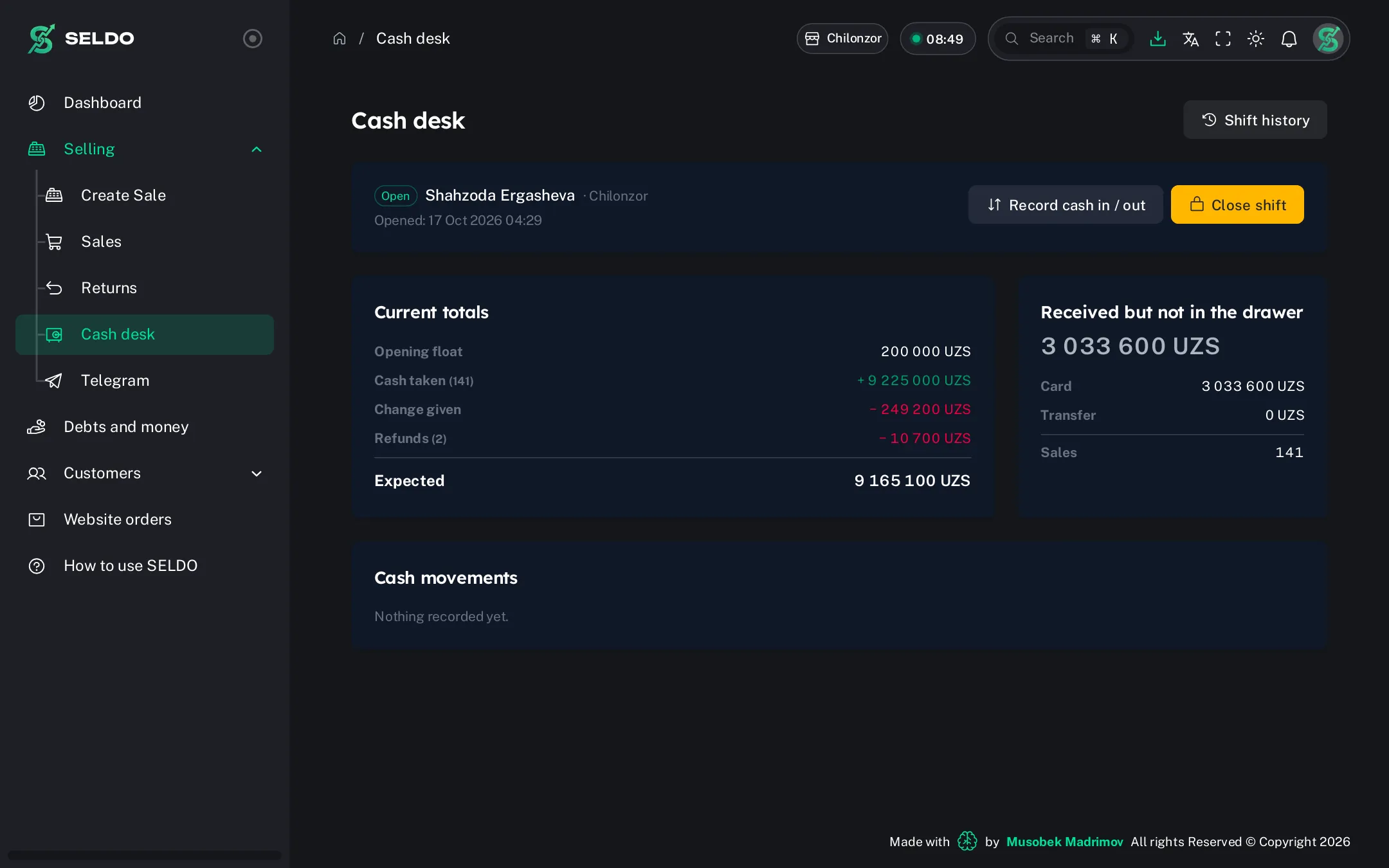 Cash shifts — open and close