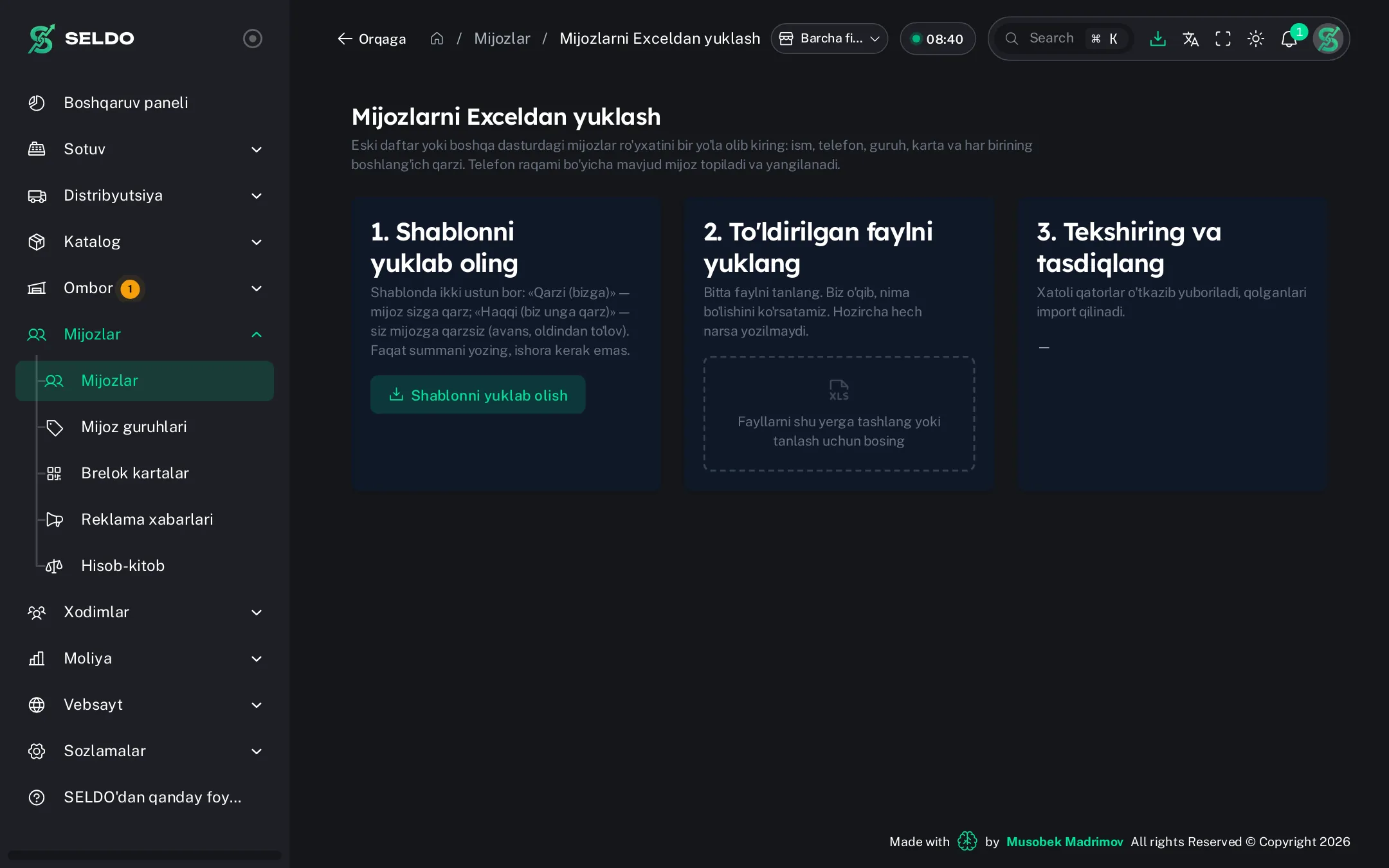 Mijozlarni qarzlari bilan Excel’dan ko‘chirish