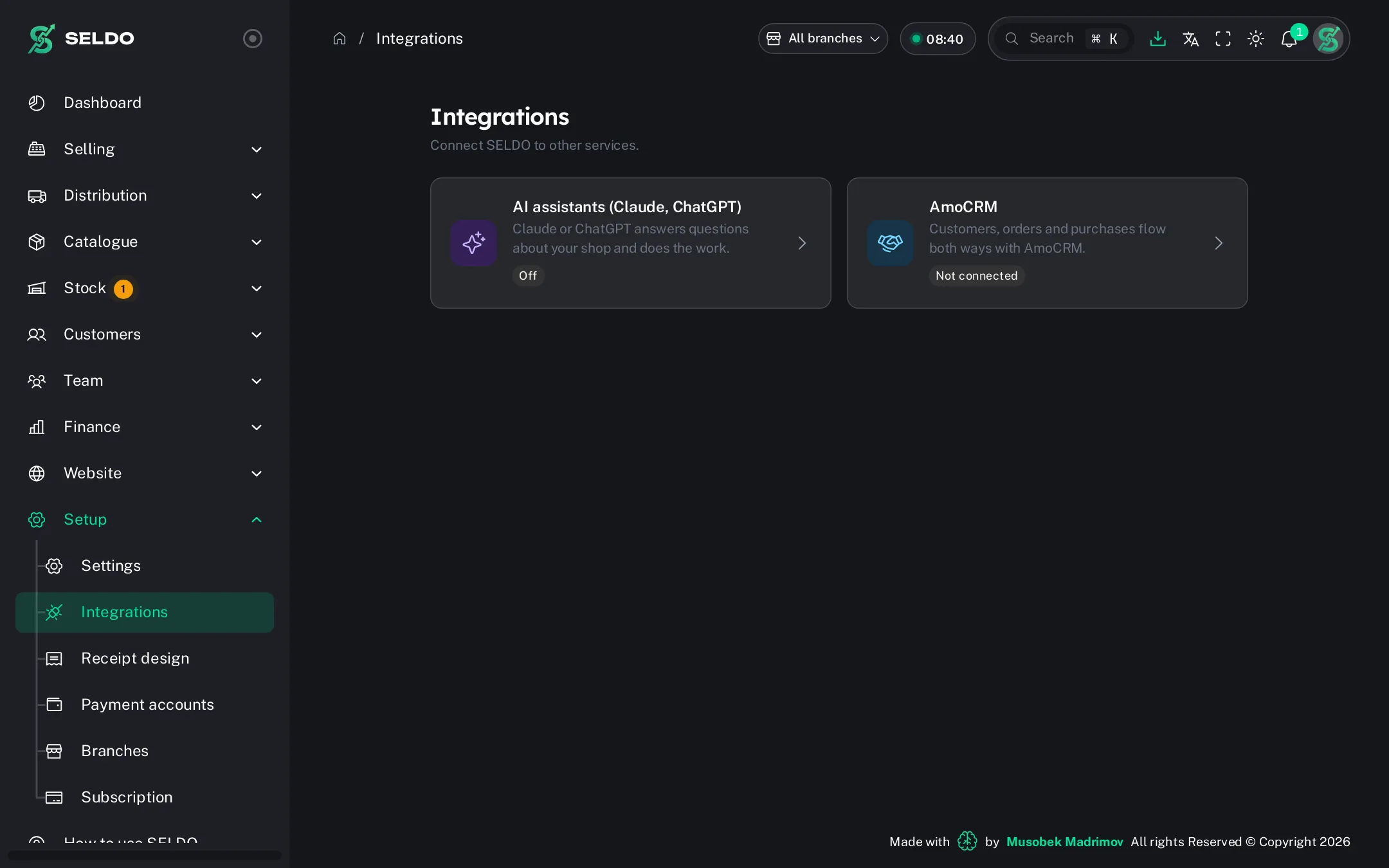 Integrations — AmoCRM, AI, webhooks