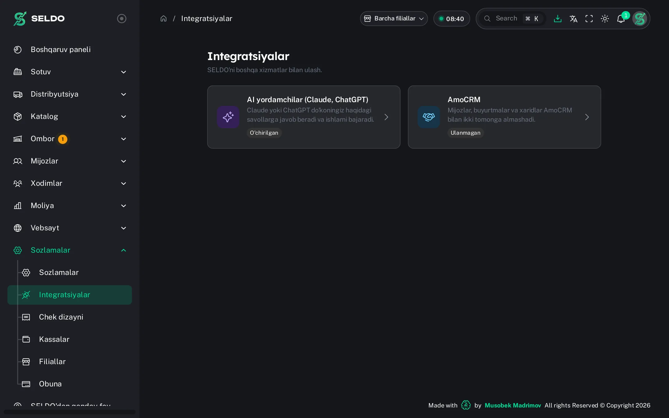 Integratsiyalar — AmoCRM, AI, webhooklar