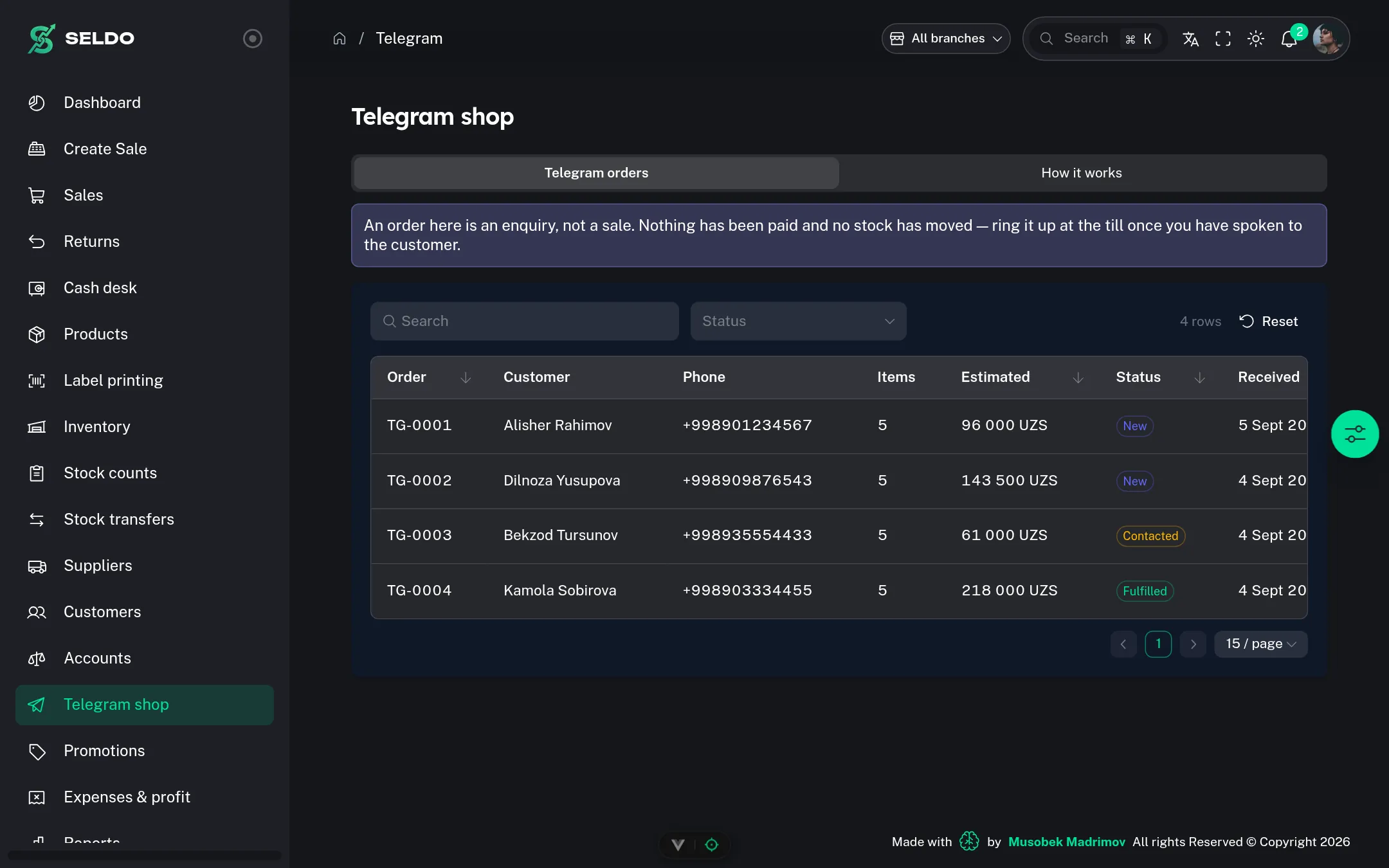 Telegram shop and orders