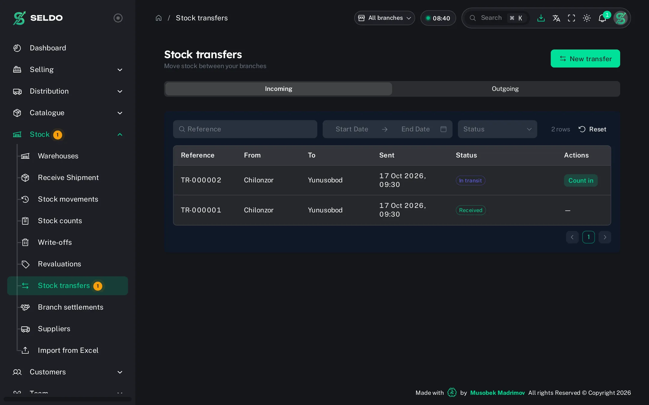 Transfers between shops